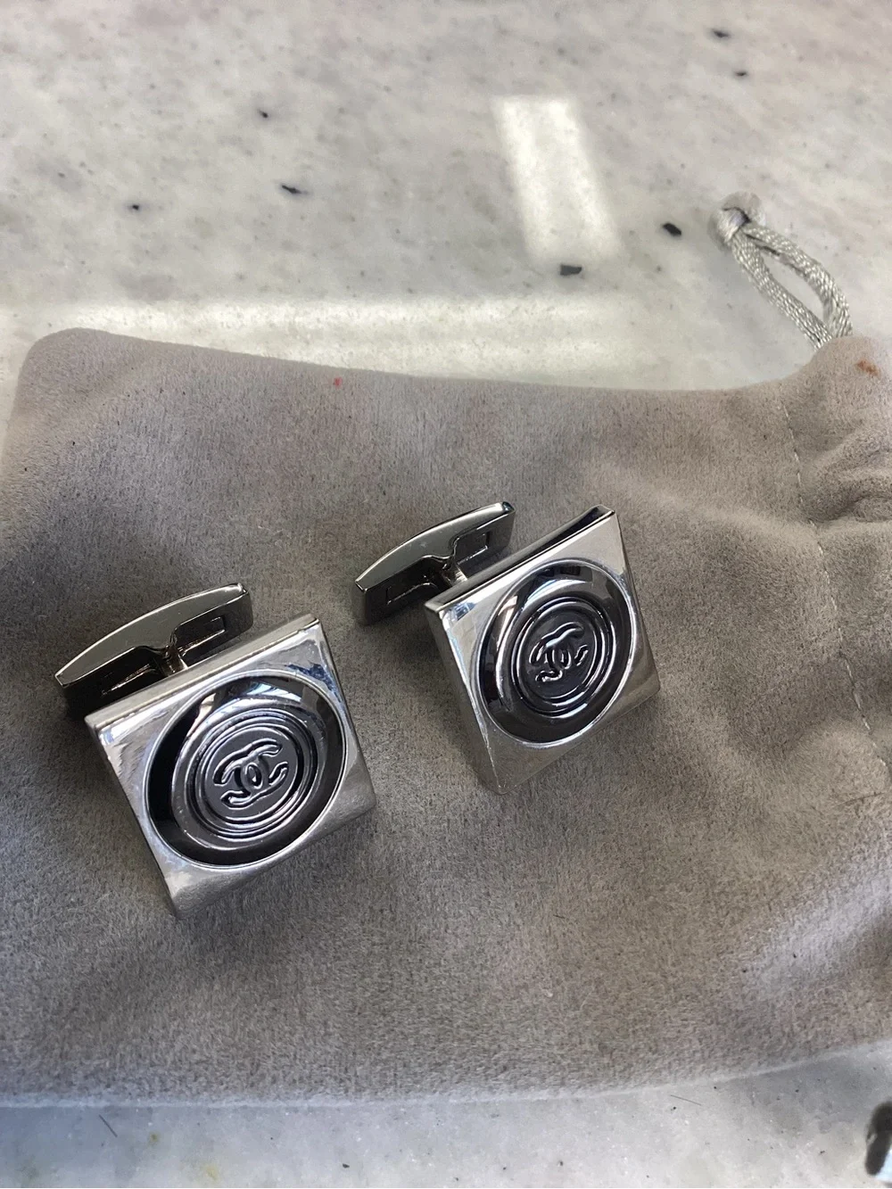 CHANEL Silver-Tone Square Double-C Logo Cufflinks